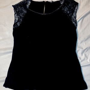 Express T-shirt with black lace short sleeves, zipper back, leather neck framing